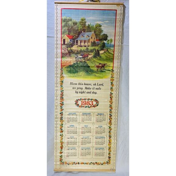 Vintage Bamboo Calendar 1983 Currier & Ives Scene 12.5" x 33" Single Side Stains - Picture 8 of 8